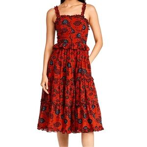 Ulla Johnson Adyna Midi Dress in Red Poppy Floral Ruffled Tiered Size 0